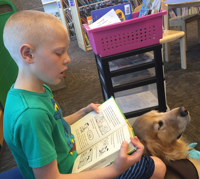 Level 4 student reads to therapy dog.